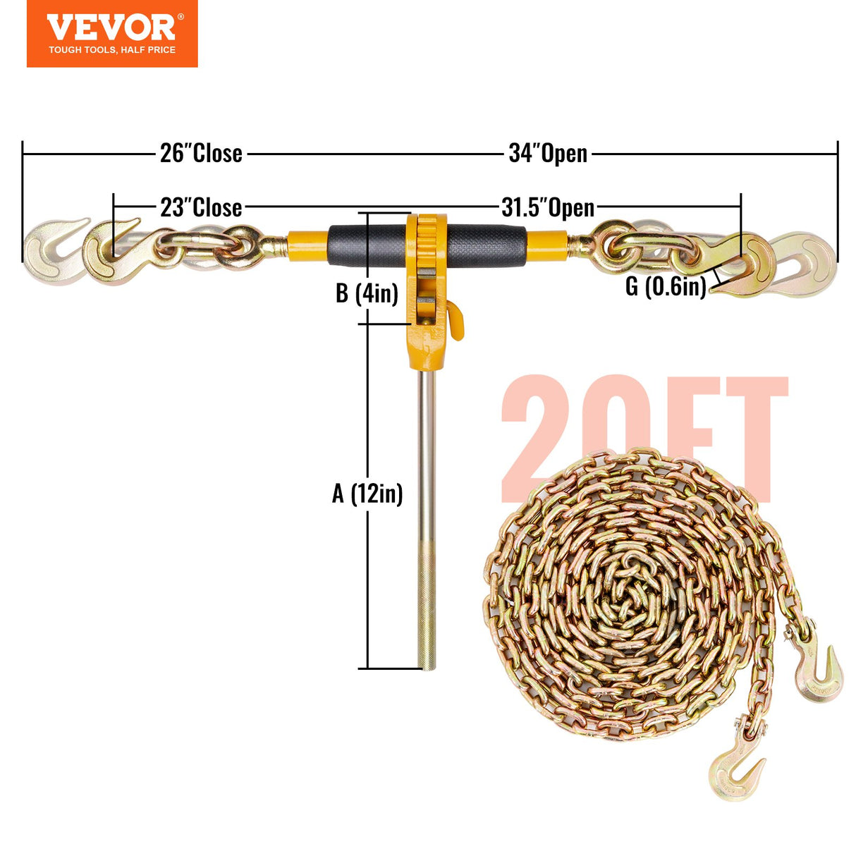 VEVOR Ratchet Chain Binder 2PCS, 0.9-1.2 cm Heavy Duty Load Binders, with G80 Chains 5443 kg Secure Load Limit, Labor-saving Anti-skid Handle, Tie