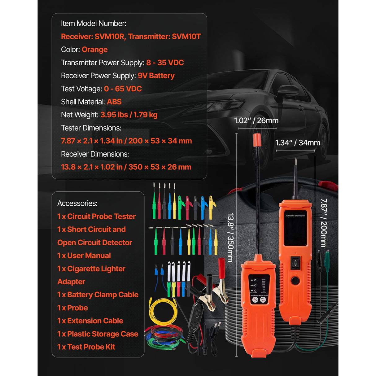 Automotive Circuit Tester Kit, 8 - 35 DCV Power Circuit Probe Tester with TFT Color Display and Lighting, 2-in-1 Electrical Automotive Power Tester Probe with 19.7 ft / 6 m Extension Cable