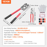 VEVOR Battery Cable Lug Crimping Tool, 10-1/0AWG with Cable Cutter and 95PCS Copper Ring Terminals, 6 Wire Sizes Crimping Die and 100pcs Heat Shrink Tubes, for Heavy Duty Wire Lugs - Close-Up Angle