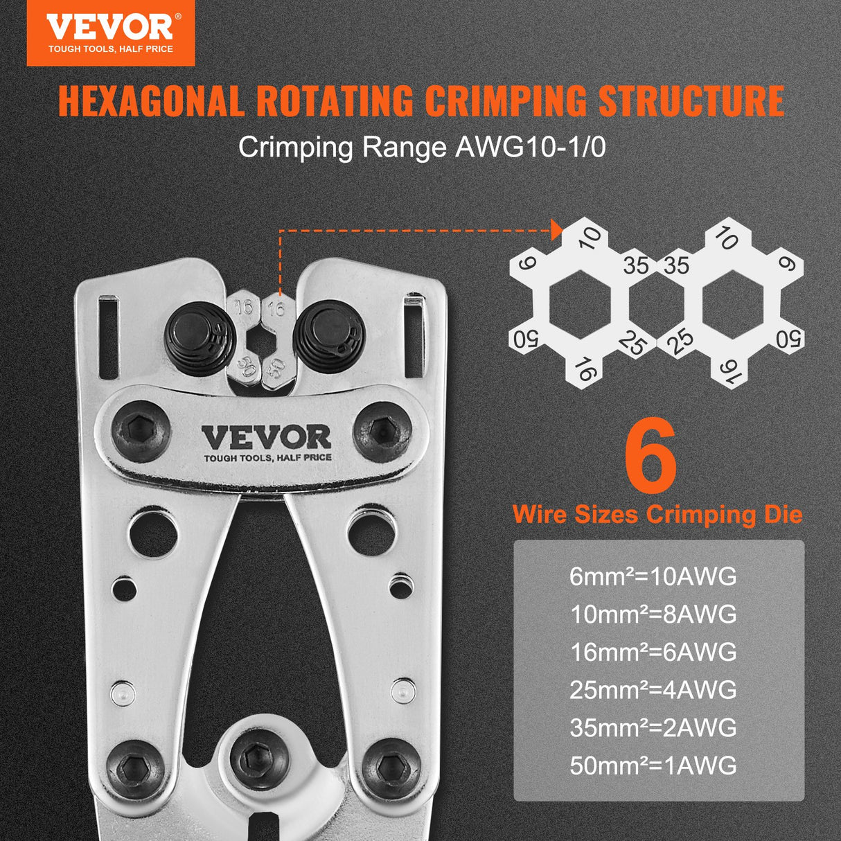 VEVOR Battery Cable Lug Crimping Tool, 10-1/0AWG Aluminum Terminal Battery Lug Crimper, with 60PCS Aluminum Ring Connectors Terminals 6 Wire Sizes