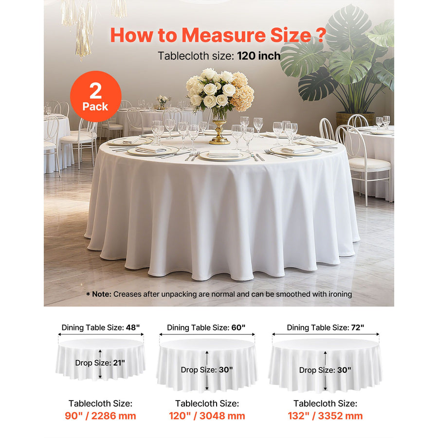 White Round Tablecloths 2 Pack, 120 Inches in Diameter, Stain- & Wrinkle- Resistant, Machine Washable Table Clothes, Polyester Fabric Table Covers for Wedding, Party, Banquet, Formal Events