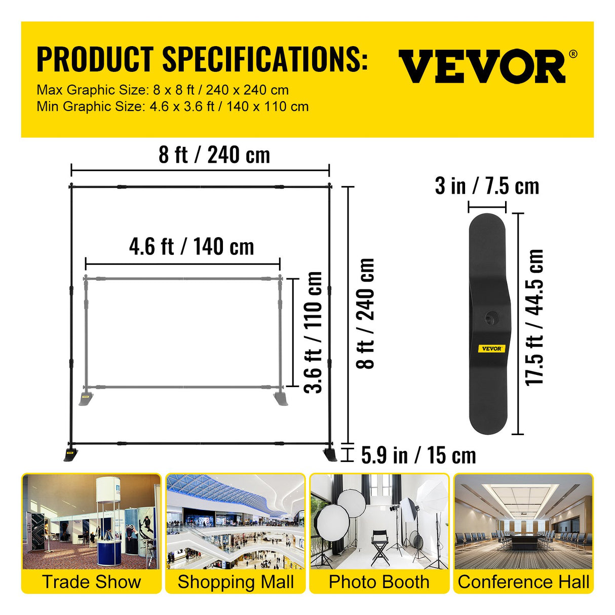 VEVOR Telescopic Backdrop Banner Stand 8' x 8' Banner Stand Adjustable Step and Repeat Backdrop Banner Stand Retractable Banner Stand with Carrying