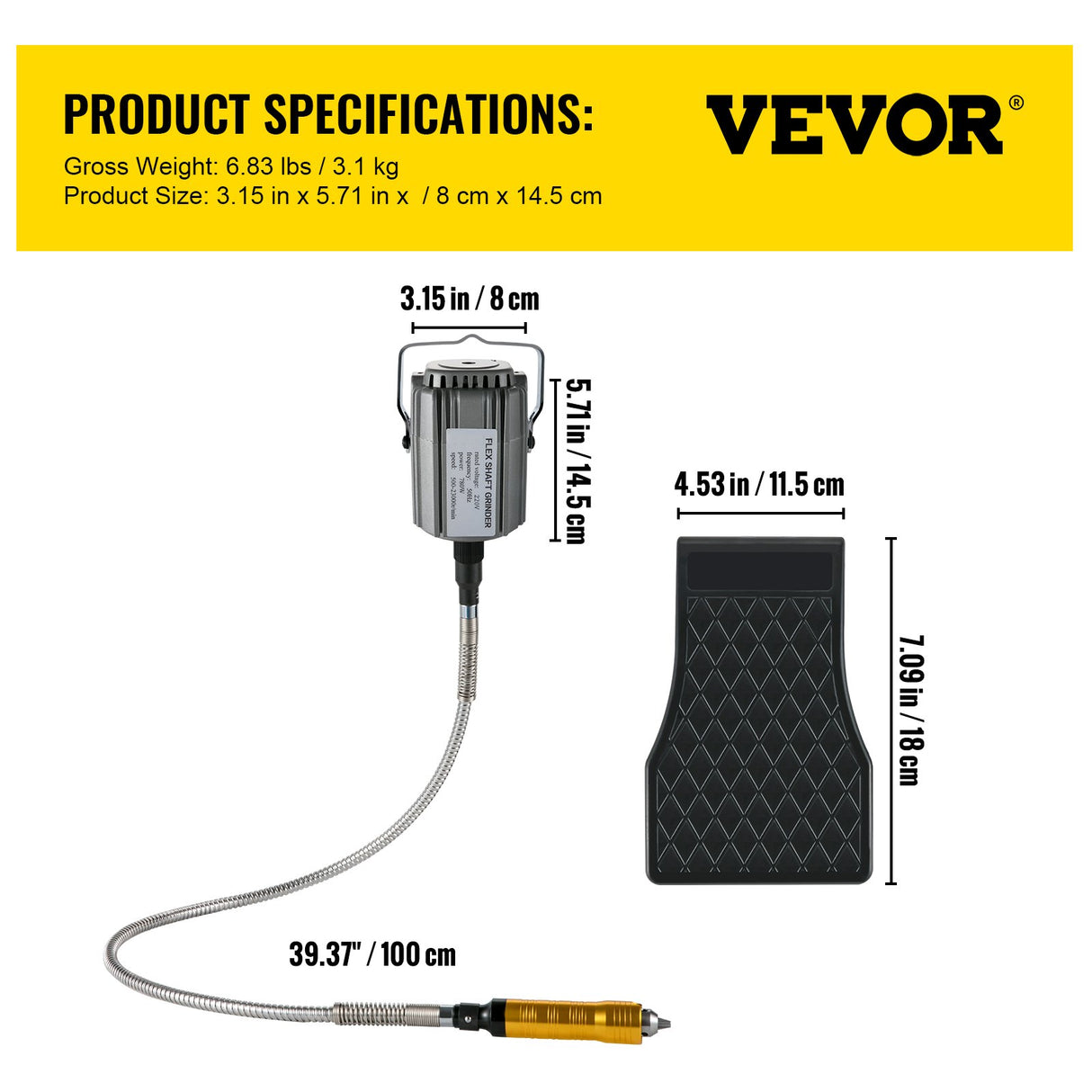 VEVOR Flex Shaft Grinder Rotary Tool 780W 6.5mm Chuck w/ Foot Pedal 45 Accessory