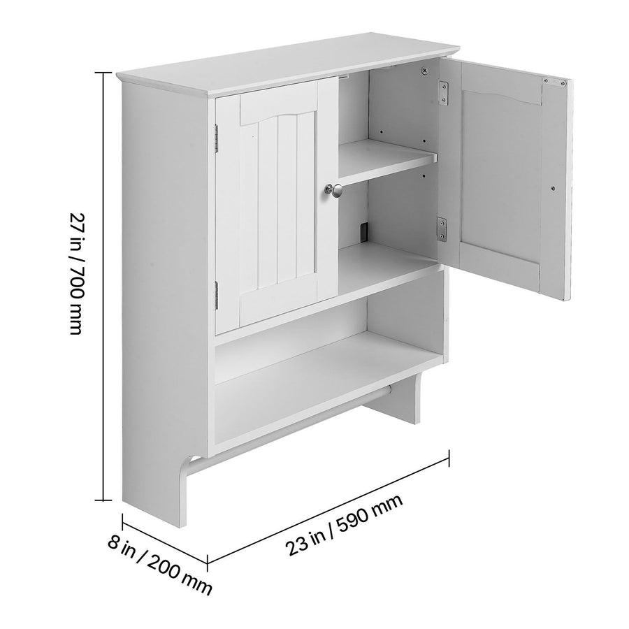 Bathroom Wall Cabinet, 2 Doors and Adjustable Shelf, Over the Toilet Storage Medicine Cabinet Wall Mounted, Hanging Organizer with Open Partition and Towel Bar for Laundry Room Kitchen, White