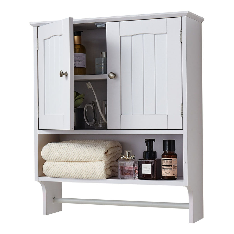 Bathroom Wall Cabinet, 2 Doors and Adjustable Shelf, Over the Toilet Storage Medicine Cabinet Wall Mounted, Hanging Organizer with Open Partition and Towel Bar for Laundry Room Kitchen, White