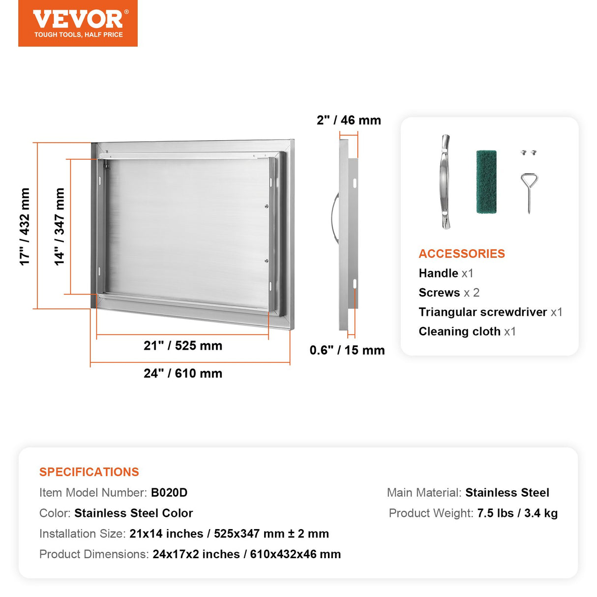 VEVOR BBQ Access Door, 610x432 mm Single Outdoor Kitchen Door, Stainless Steel Flush Mount Door, Wall Vertical Door with Handle, for BBQ Island,
