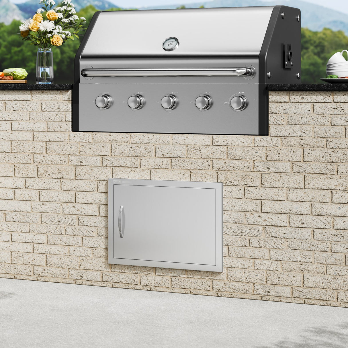 VEVOR BBQ Access Door, 610x432 mm Single Outdoor Kitchen Door, Stainless Steel Flush Mount Door, Wall Vertical Door with Handle, for BBQ Island,