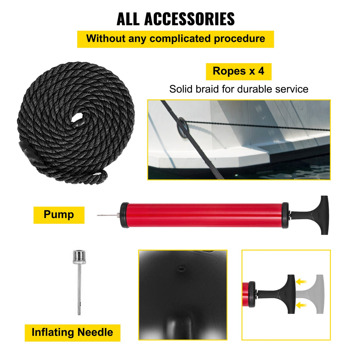 VEVOR Boat Fenders, 10" x 28" Ribbed Fender, 4 Pack Boat Bumpers, Hole Through Middle Ribbed Inflatable Boat Fender with 4 Ropes, for Pontoon Boat Sailboat, Ski Boat, Black