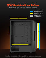 VEVOR Mid-Tower ATX PC Gaming Case Computer Case Box with 4 x 120 mm ARGB Fans - Side View