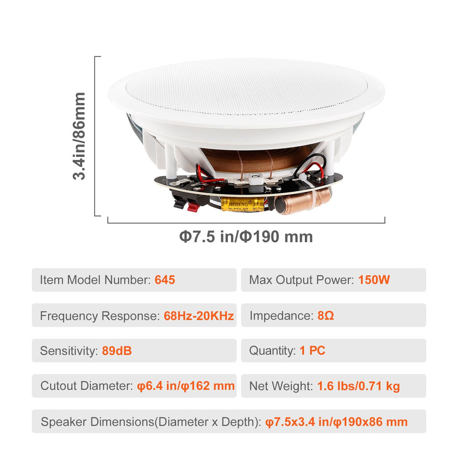 165.1 mm in Ceiling Speakers, 150-Watts, Flush Mount Ceiling & in-Wall Speakers System with 8ΩImpedance 89dB Sensitivity, for Home Kitchen Living Room Bedroom or Covered Outdoor Porches, Single