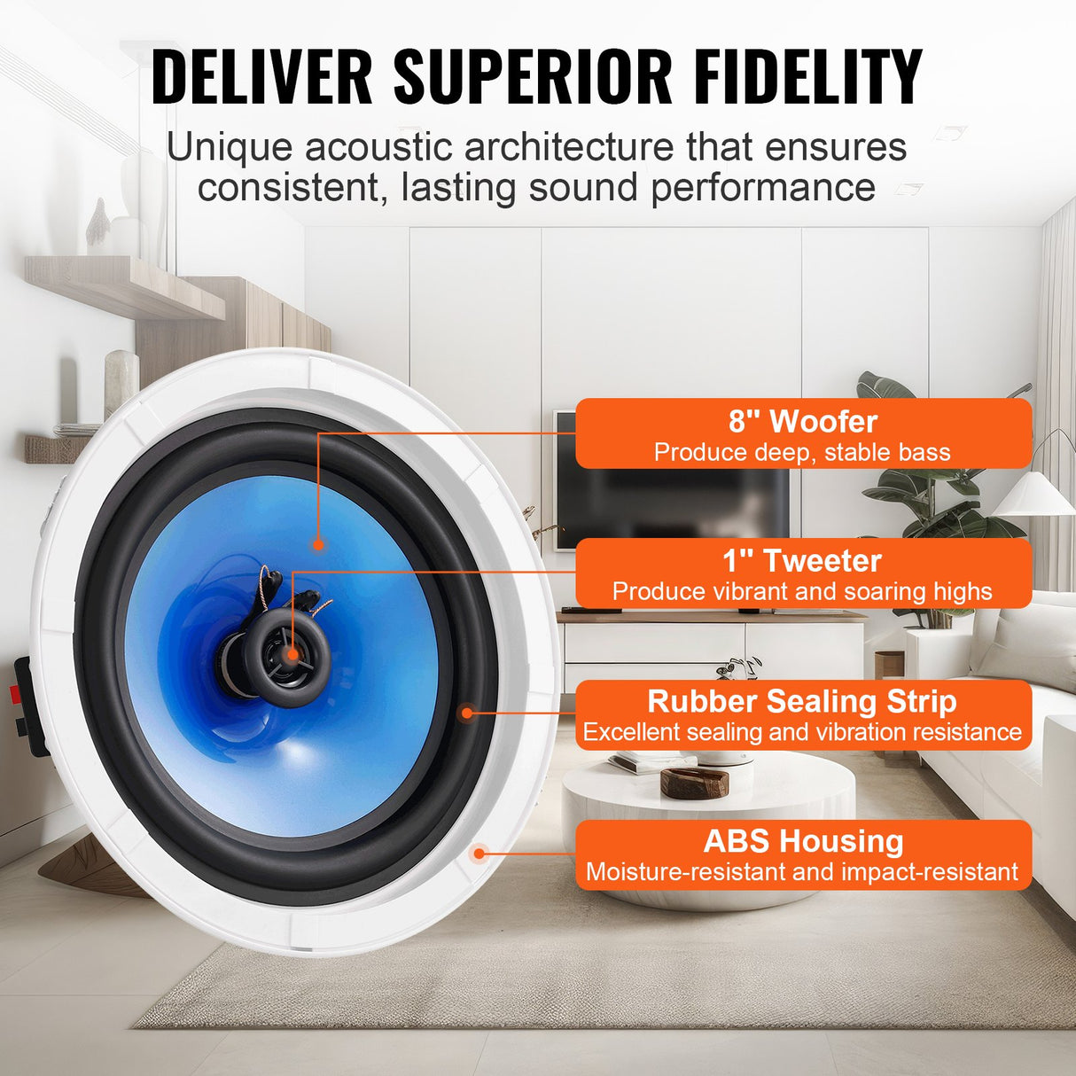 VEVOR 2 PCs 203.2 mm in Ceiling Speakers, 50-Watts, Flush Mount Ceiling & in-Wall Speakers System with Impedance 89dB Sensitivity, for Home Kitchen