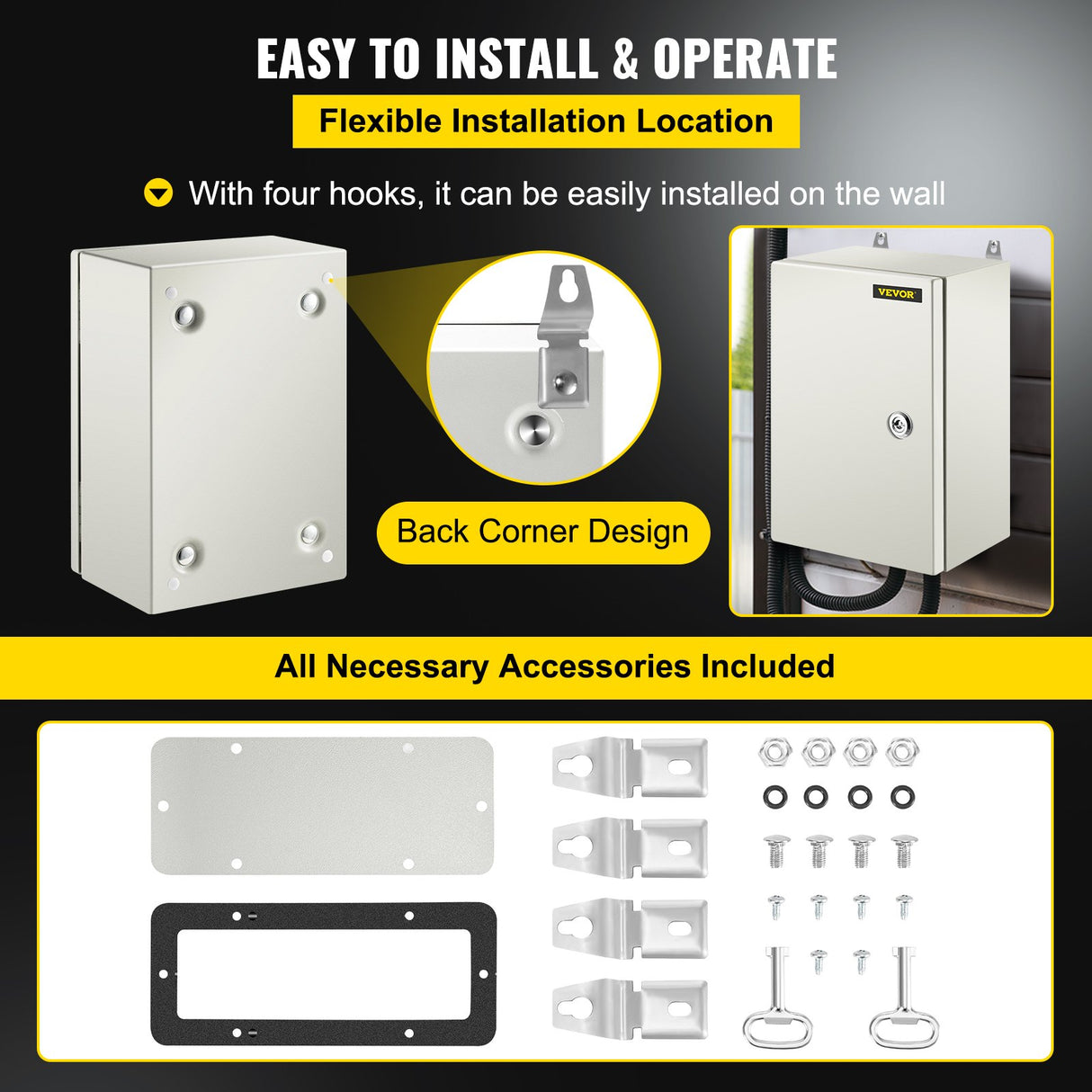 VEVOR NEMA Steel Enclosure ,12 x 8 x 6\'\' NEMA 4X Steel Electrical Box, IP66 Waterproof & Dustproof, Outdoor/Indoor Electrical Junction Box, with Mounting Plate