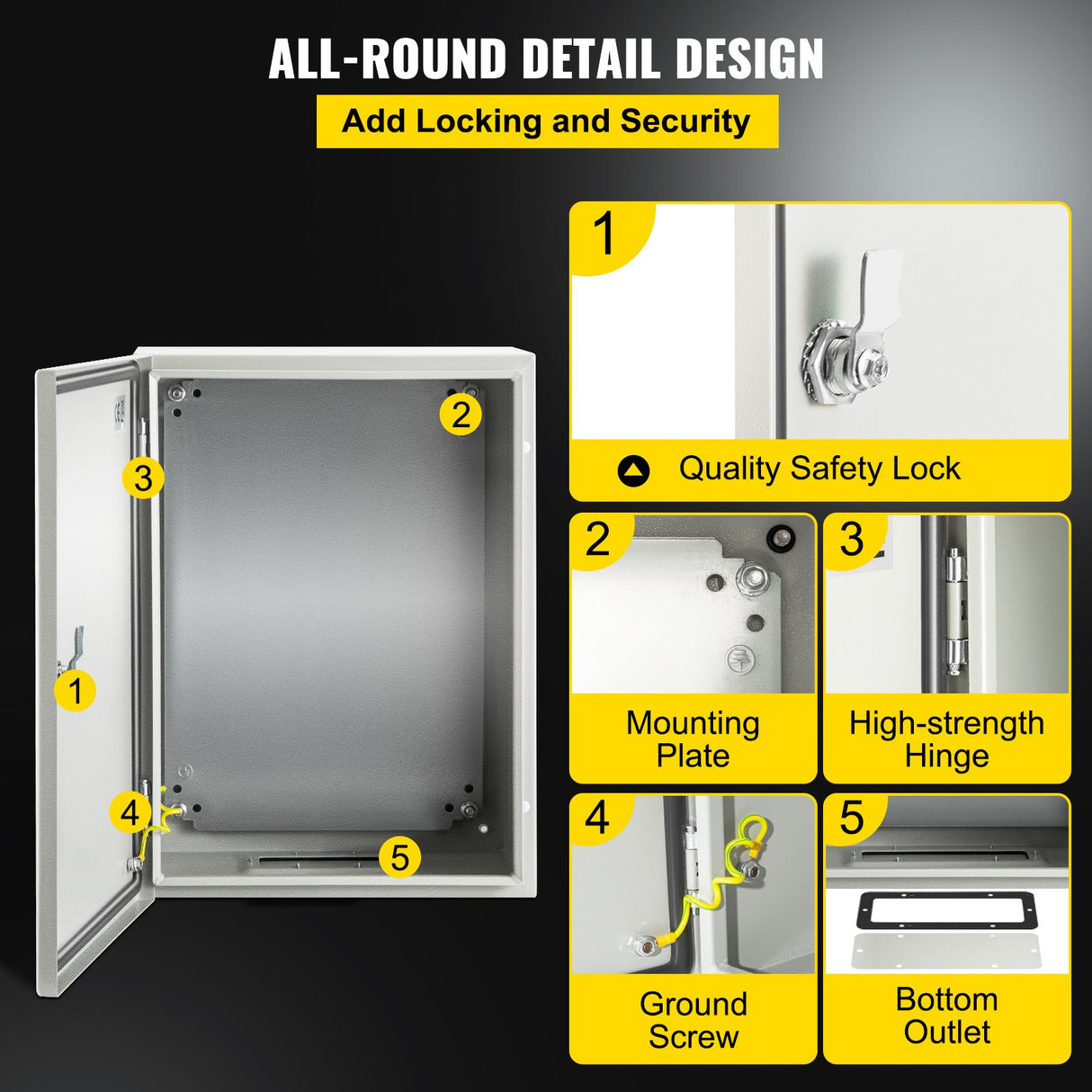 VEVOR Steel Electrical Box 16'' x 12'' x 8'' Electrical Enclosure Box, Carbon Steel Hinged Junction Box, IP65 Weatherproof Metal Box Wall-Mounted Electronic Equipment Enclosure Box with Mounting Plate
