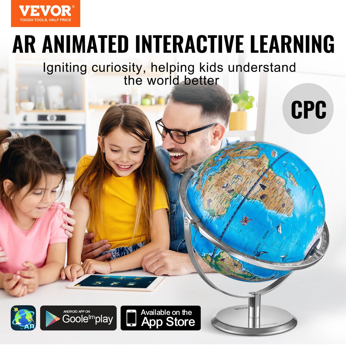 VEVOR Educational Globe for Kids, 254 mm, Interactive AR World Globe with AR Golden Globe APP LED Night Lighting Rotation, STEM Toy Gifts for Kids