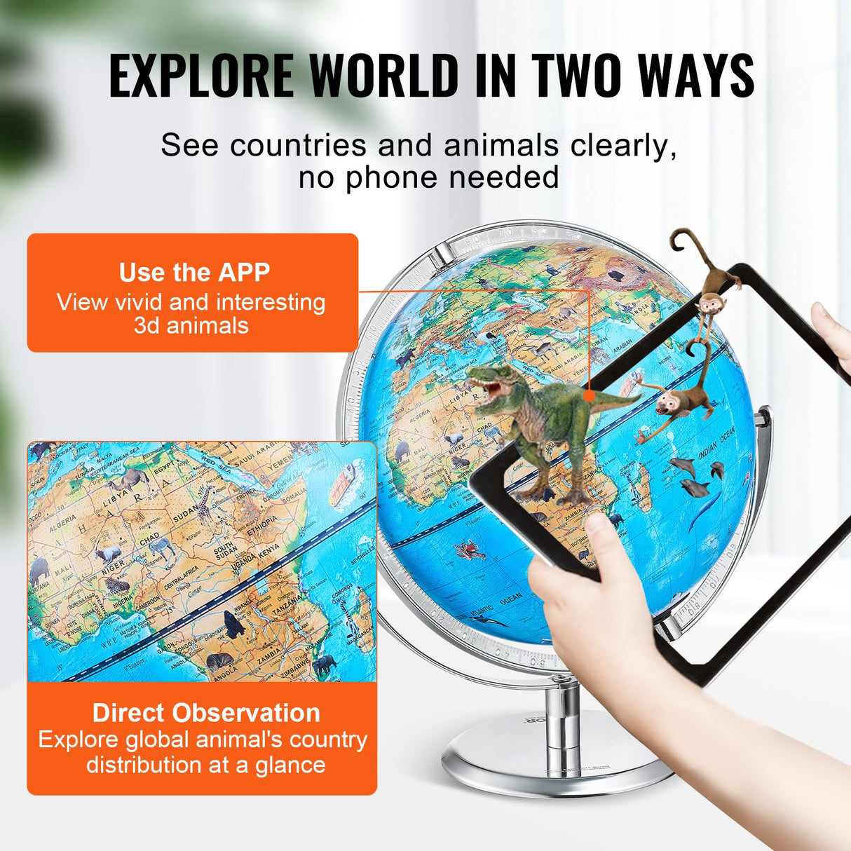 VEVOR Educational Globe for Kids, 254 mm, Interactive AR World Globe with AR Golden Globe APP LED Night Lighting Rotation, STEM Toy Gifts for Kids Compatible with Android or iOS Devices
