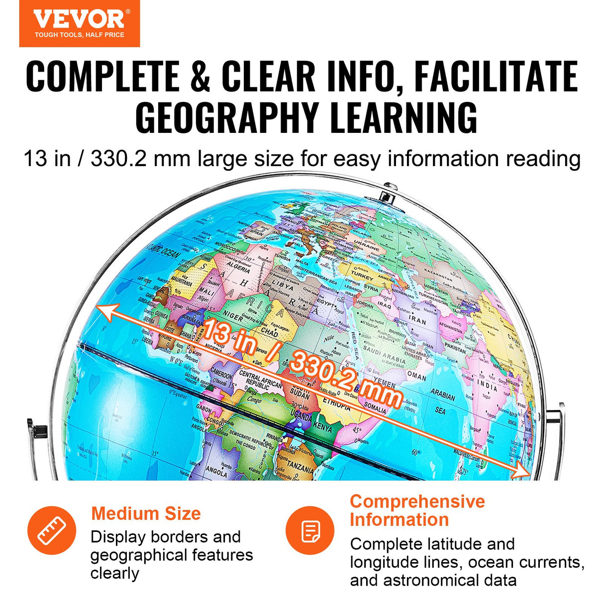 VEVOR Rotating World Globe with Stand, 330.2 mm, Educational Geographic Globe with Precise Time Zone ABS Material, Spinning Globe for Kids Children