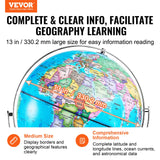 VEVOR Rotating World Globe with Stand, 330.2 mm, Educational Geographic Globe with Precise Time Zone ABS Material, Spinning Globe for Kids Children - Front View