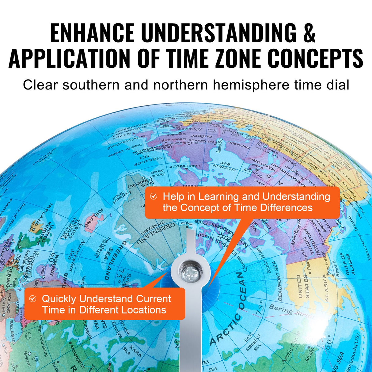Rotating World Globe with Stand, 203.2 mm, Educational Geographic Globe with Precise Time Zone ABS Material, 360° Spinning Globe for Kids Children Learning Classroom Geography Education