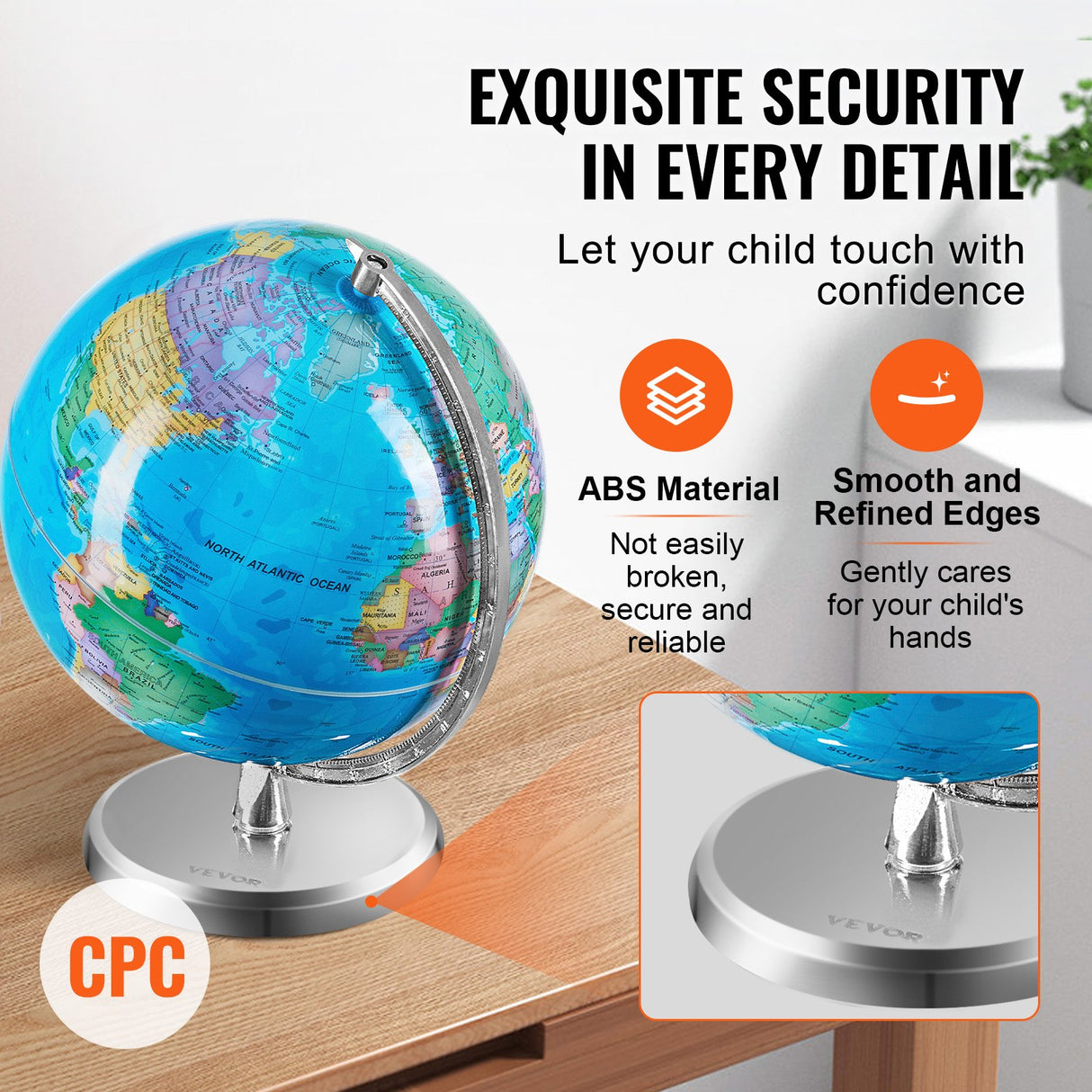 Rotating World Globe with Stand, 203.2 mm, Educational Geographic Globe with Precise Time Zone ABS Material, 360° Spinning Globe for Kids Children Learning Classroom Geography Education