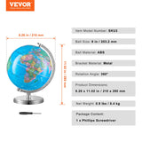 Rotating World Globe with Stand, 203.2 mm, Educational Geographic Globe with Precise Time Zone ABS Material, 360° Spinning Globe for Kids Children Learning Classroom Geography Education