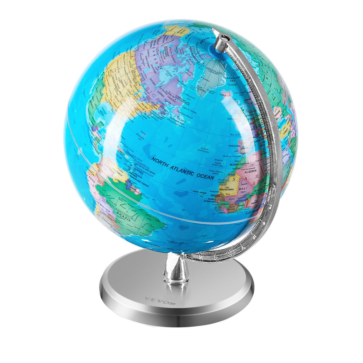 Rotating World Globe with Stand, 203.2 mm, Educational Geographic Globe with Precise Time Zone ABS Material, 360° Spinning Globe for Kids Children Learning Classroom Geography Education