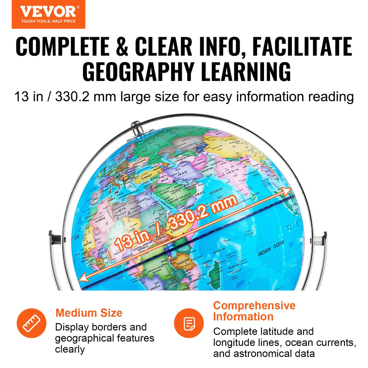 VEVOR Illuminated World Globe with Stand, 330.2 mm, Educational Earth Globe with Stable Heavy Metal Base and LED Constellation Night Light HD Printed Map, Spinning for Kids Classroom Learning