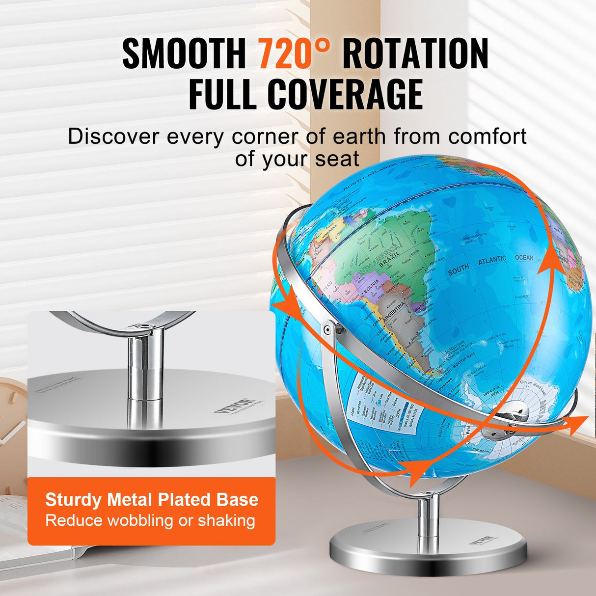 VEVOR Illuminated World Globe with Stand, 330.2 mm, Educational Earth Globe with Stable Heavy Metal Base and LED Constellation Night Light HD Printed Map, Spinning for Kids Classroom Learning