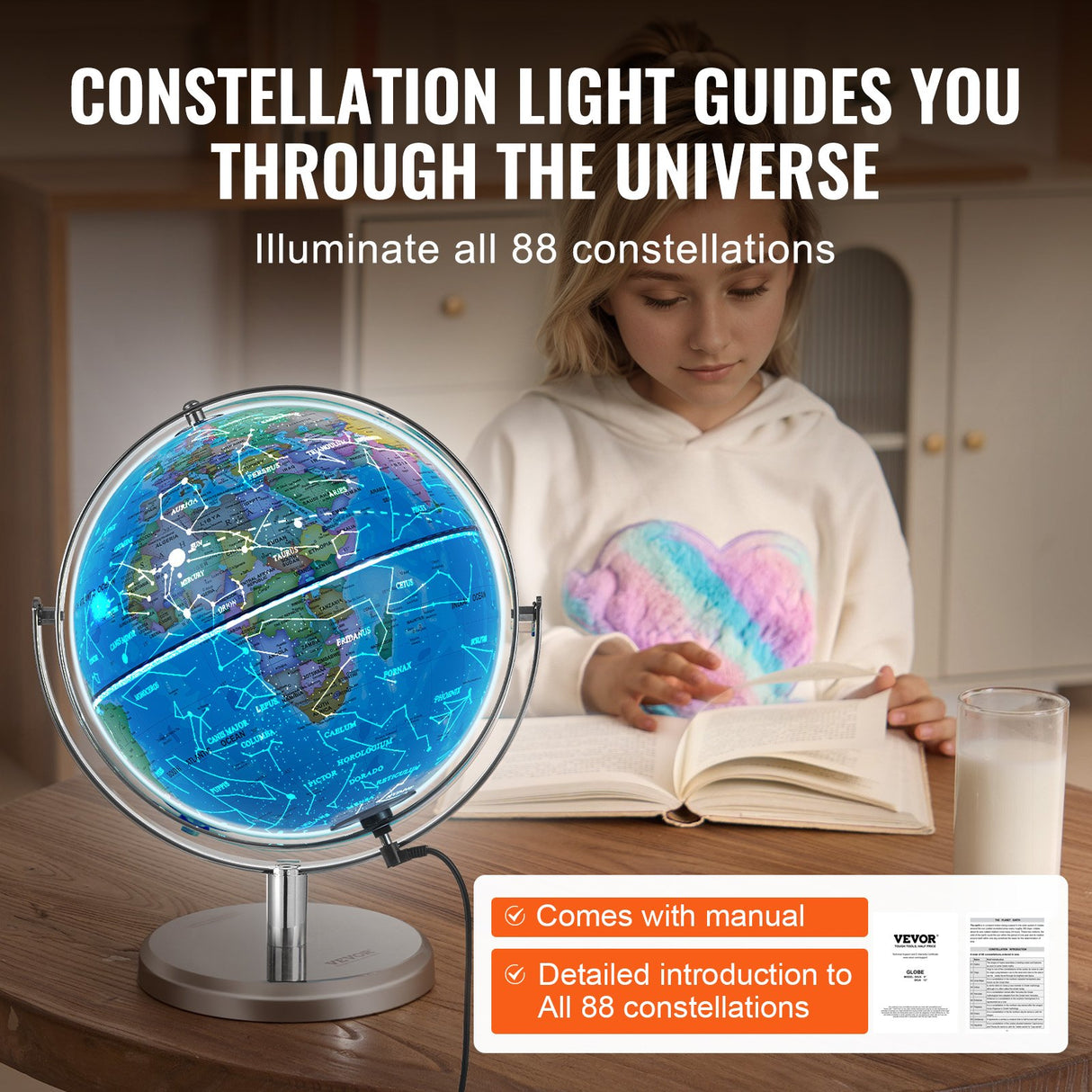 VEVOR Illuminated World Globe with Stand, 228.6 mm, Educational Earth Globe with Stable Heavy Metal Base and LED Constellation Night Light HD Printed