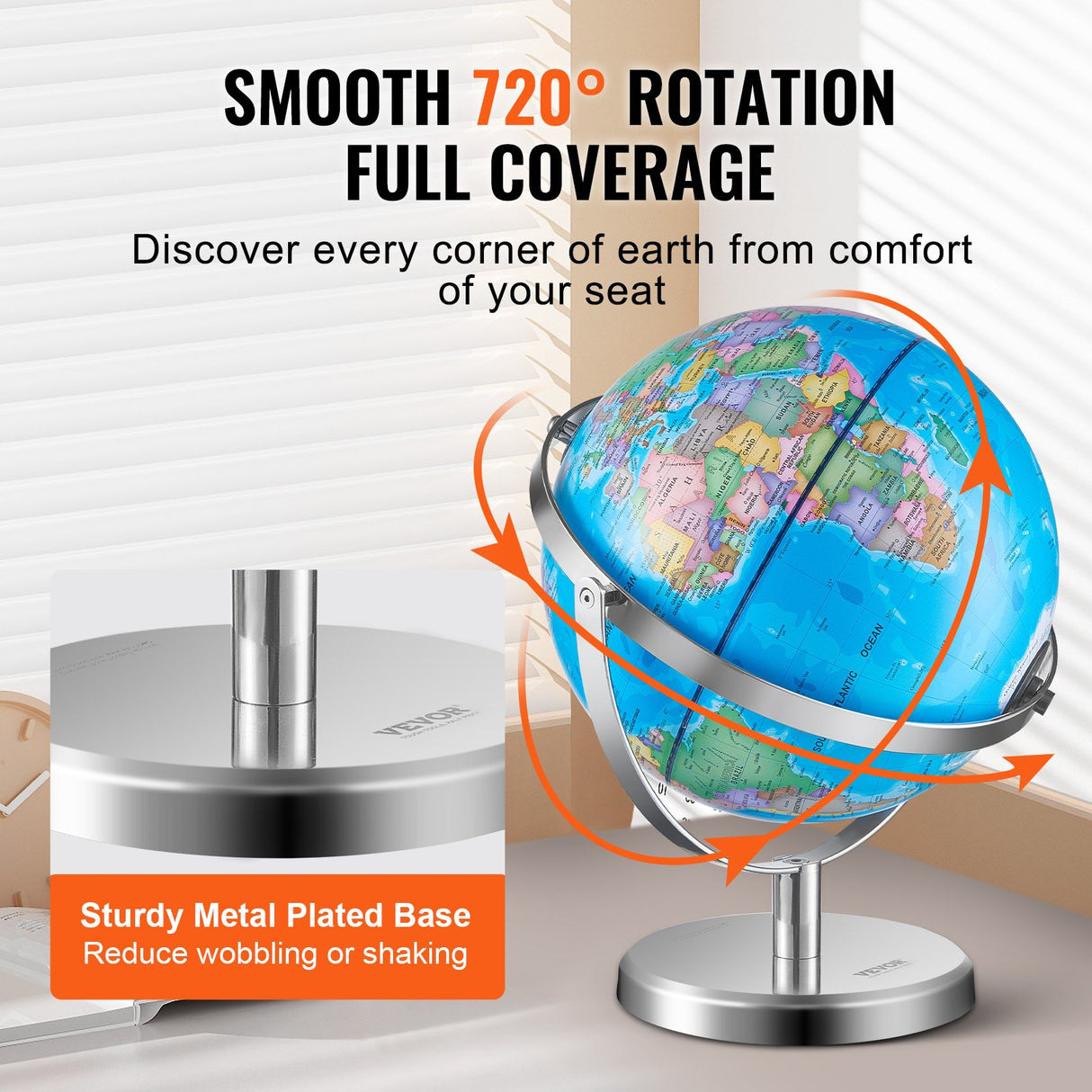 VEVOR Illuminated World Globe with Stand, 228.6 mm, Educational Earth Globe with Stable Heavy Metal Base and LED Constellation Night Light HD Printed