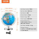 VEVOR Illuminated World Globe with Stand, 228.6 mm, Educational Earth Globe with Stable Heavy Metal Base and LED Constellation Night Light HD Printed Map, Spinning for Kids Classroom Learning - Close-Up Angle