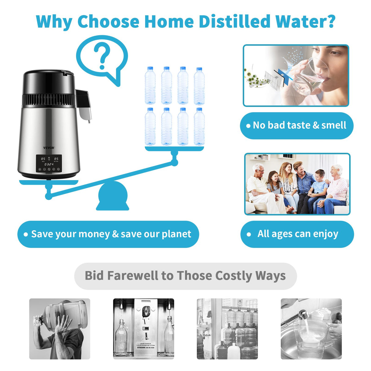 VEVOR 4L Water Distiller Distilled Water Maker 1 L/H w/ Timing Dual-Temp Silver