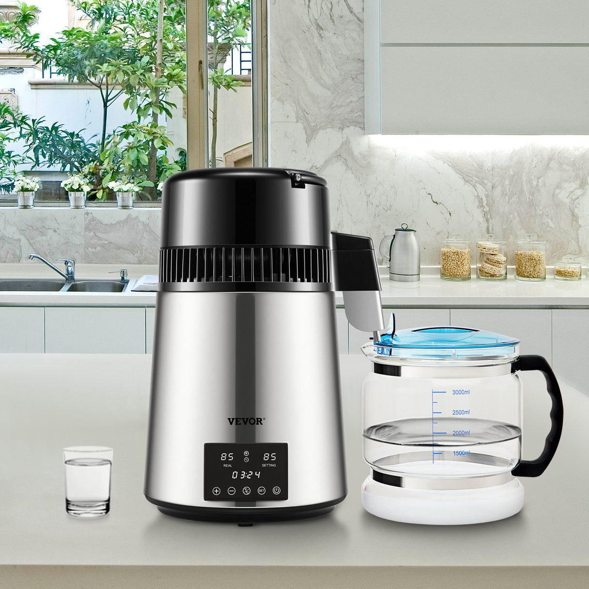 VEVOR 4L Water Distiller Distilled Water Maker 1 L/H w/ Timing Dual-Temp Silver