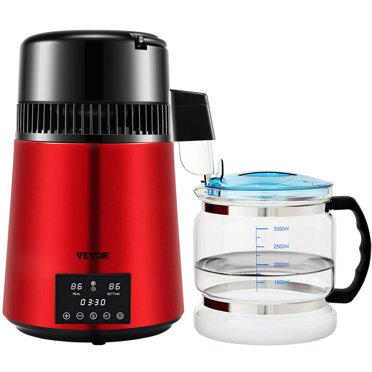 VEVOR 4L Water Distiller Distilled Water Maker 1 L/H w/ Timing Dual Temp Red