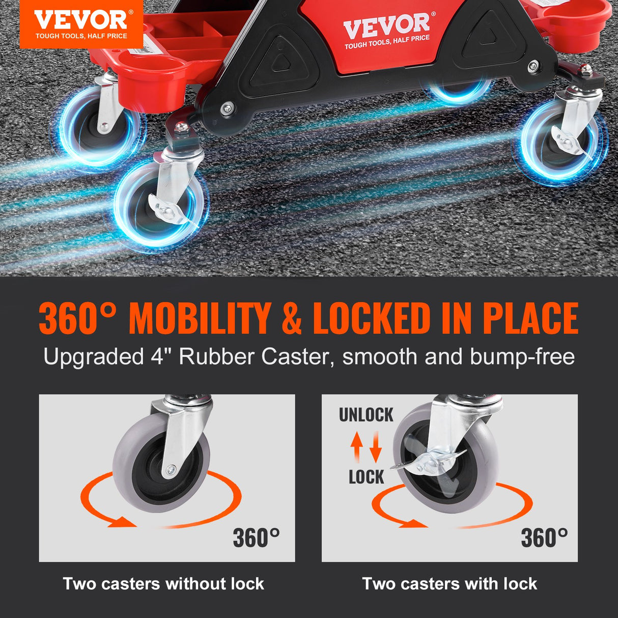 VEVOR Mechanic Stool Creeper Seat 300lb Rolling Shop Stool with Tool Trays