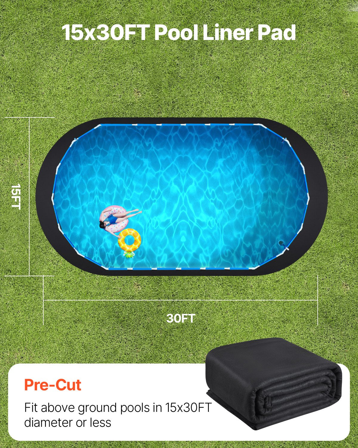VEVOR Oval Pool Liner Pad, 15 x 30 ft Pool Liner Pad for Above Ground Swimming Pools, Extra-Thick Pool Mat, Prevents Punctures, Recycled Geotextile Material Underlayment Pad, Extend Liner Life