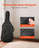 VEVOR 4/4 Full Size Cello Case, Nylon Waterproof, Lightweight Portable Travel Carrying Bag, with Reinforced Handle, Dual Shoulder Straps, Anti-Scratch, Professional Cello-Shape, for Cello, Black - Front View