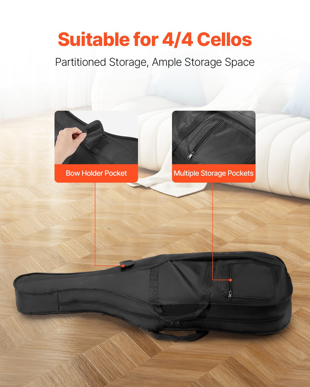 VEVOR 4/4 Full Size Cello Case, Nylon Waterproof, Lightweight Portable Travel Carrying Bag, with Reinforced Handle, Dual Shoulder Straps, Anti-Scratch, Professional Cello-Shape, for Cello, Black