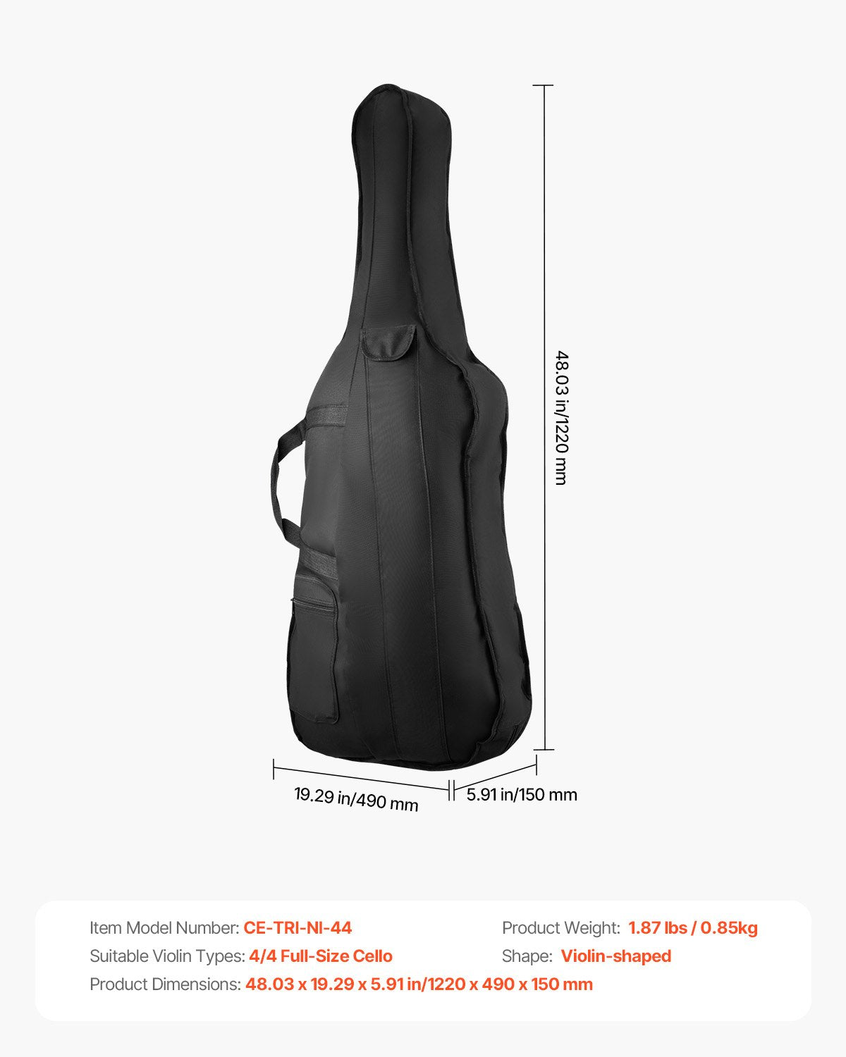 VEVOR 4/4 Full Size Cello Case, Nylon Waterproof, Lightweight Portable Travel Carrying Bag, with Reinforced Handle, Dual Shoulder Straps, Anti-Scratch, Professional Cello-Shape, for Cello, Black