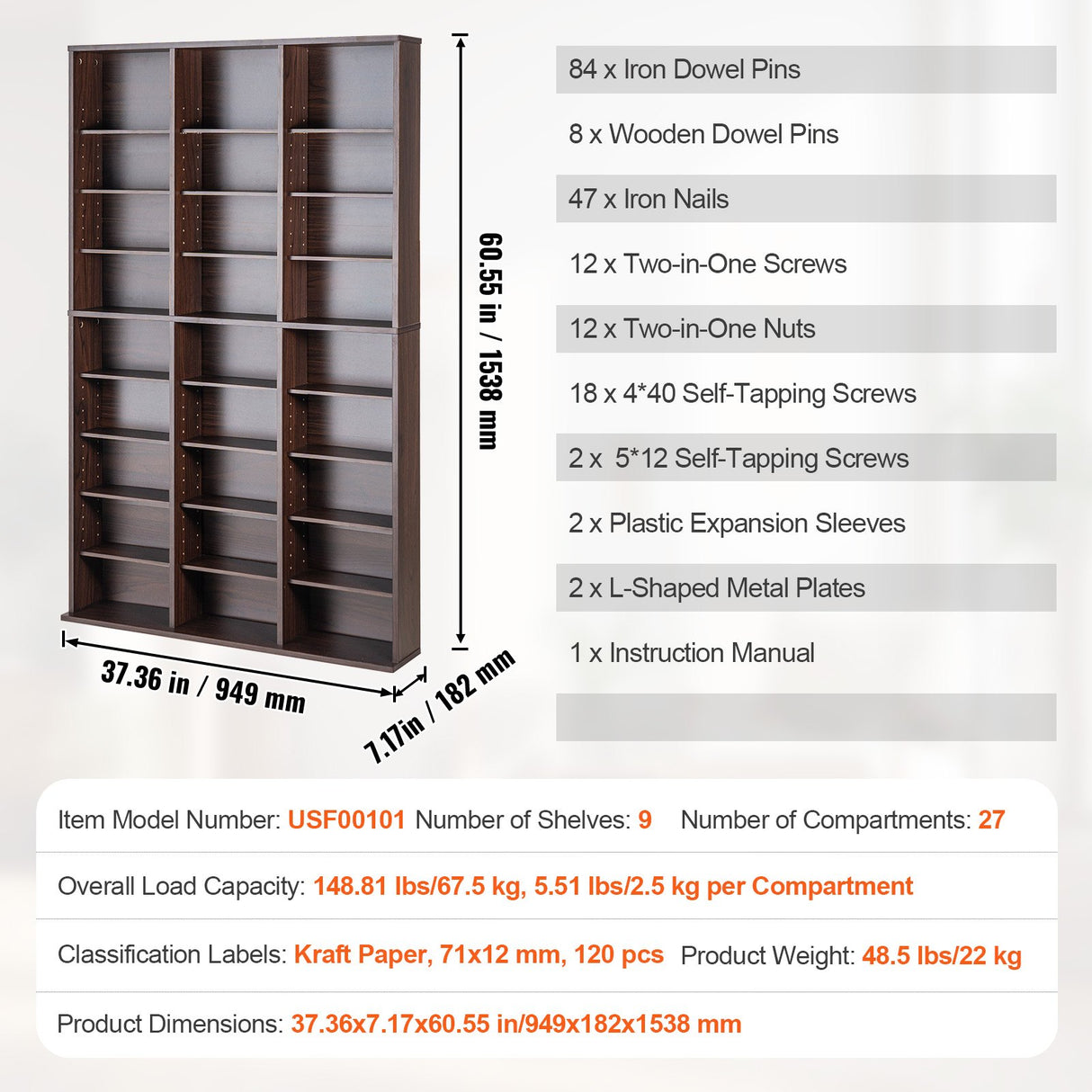 VEVOR Media Storage Cabinet, 9-layer DVD Shelf Holds up to 756 CDs, Adjustable CD Shelves 27 Compartments, Protects & Organizes Music, Movie, Video Games or Memorabilia Collections, Espresso