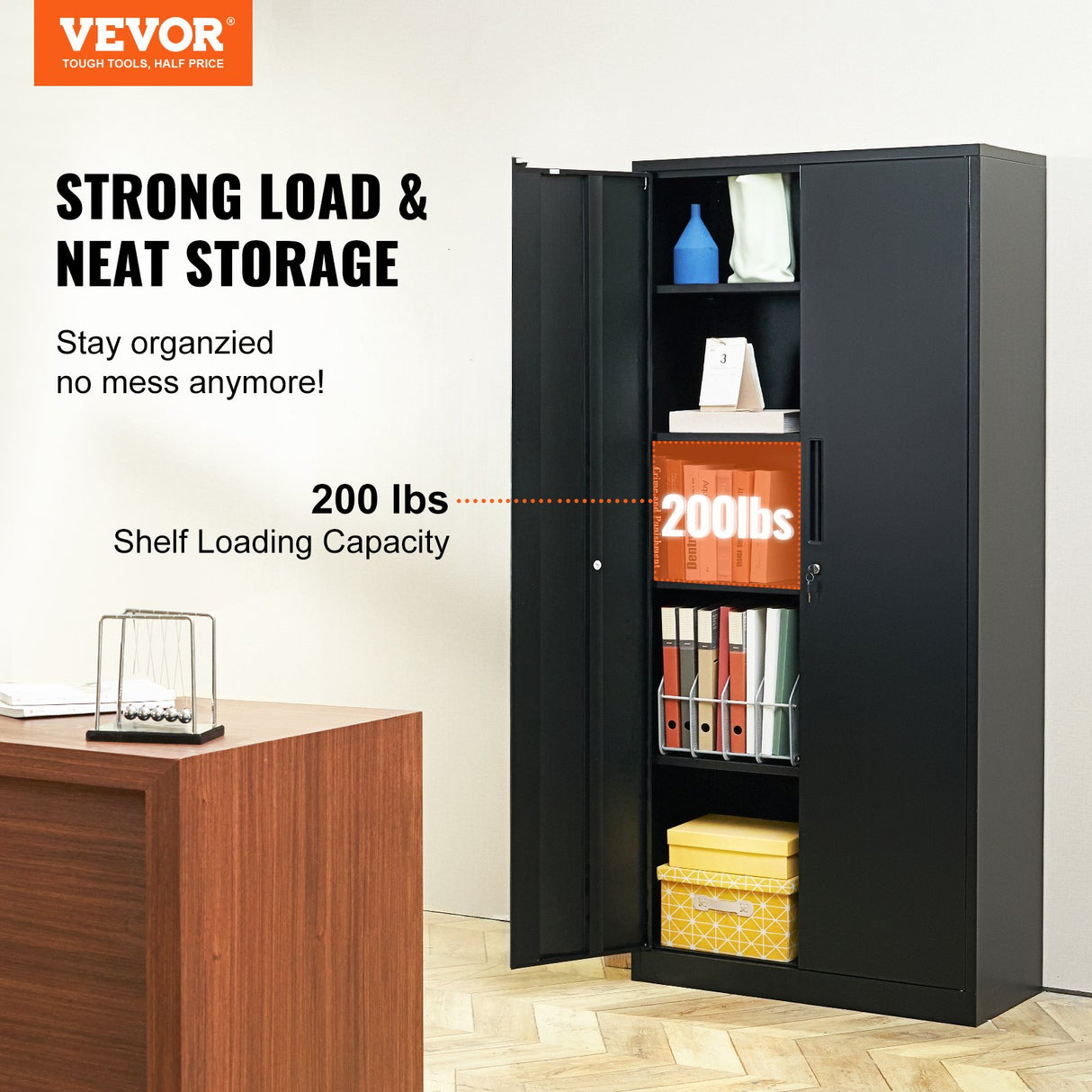 VEVOR Metal Storage Cabinet with 2 Magnetic Doors and 4 Adjustable Shelves, 90 kg Capacity per Shelf, Locking Steel Storage Cabinet, 1.8 m Metal Cabinet with 3 Keys, for Office, Garage, Home, Black