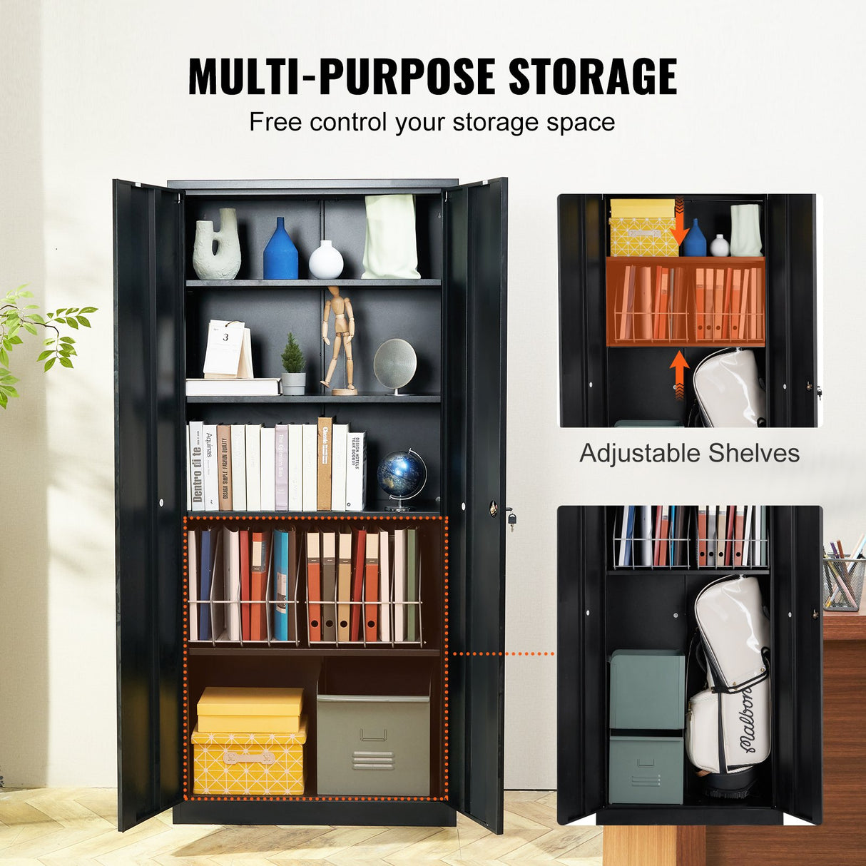 VEVOR Metal Storage Cabinet with 2 Magnetic Doors and 4 Adjustable Shelves, 90 kg Capacity per Shelf, Locking Steel Storage Cabinet, 1.8 m Metal Cabinet with 3 Keys, for Office, Garage, Home, Black