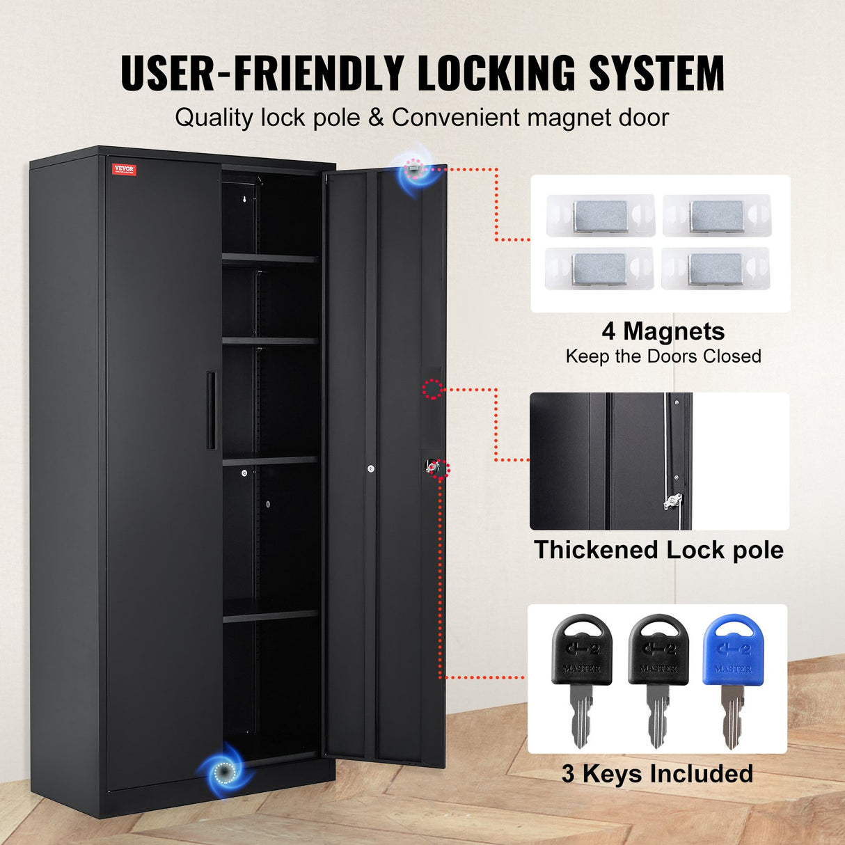 VEVOR Metal Storage Cabinet with 2 Magnetic Doors and 4 Adjustable Shelves, 90 kg Capacity per Shelf, Locking Steel Storage Cabinet, 1.8 m Metal Cabinet with 3 Keys, for Office, Garage, Home, Black