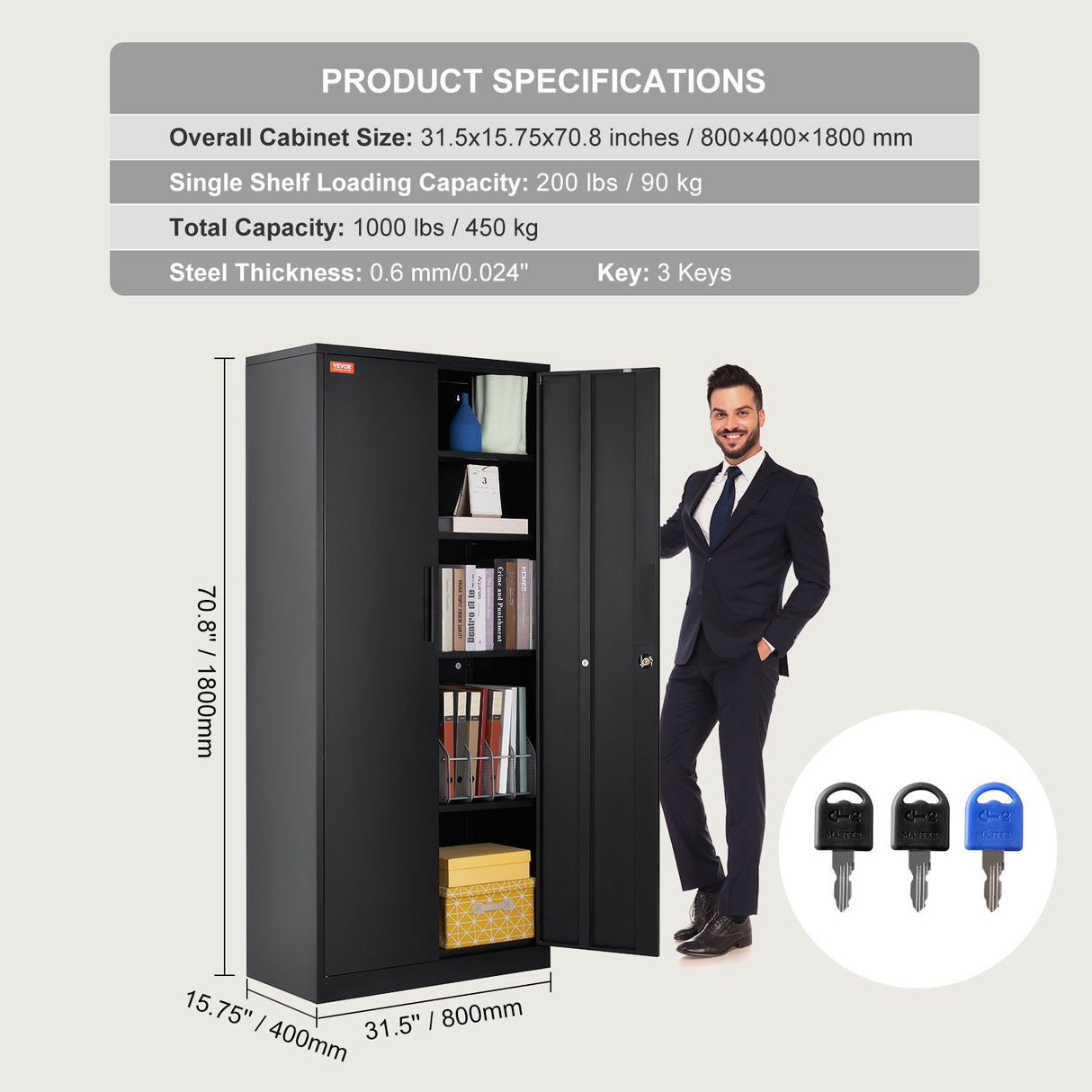 VEVOR Metal Storage Cabinet with 2 Magnetic Doors and 4 Adjustable Shelves, 90 kg Capacity per Shelf, Locking Steel Storage Cabinet, 1.8 m Metal Cabinet with 3 Keys, for Office, Garage, Home, Black