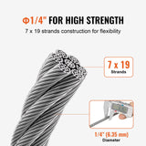 VEVOR Carbon Steel Cable 6.35 mm 7 x 19 Steel Wire Rope 76.2 m Cable Railing - Side View