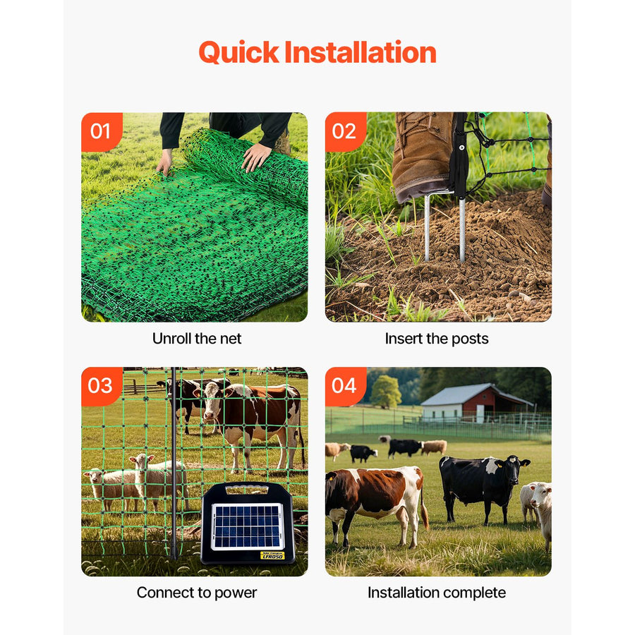 Electric Fence Netting, 0.88 x 49.98 m, PE Net Fencing with Posts & Double-Spiked Stakes, Utility Portable Mesh for Goats, Sheep, Lambs, Deer, Hogs, Dogs, Used in Backyards, Farms, and Ranches