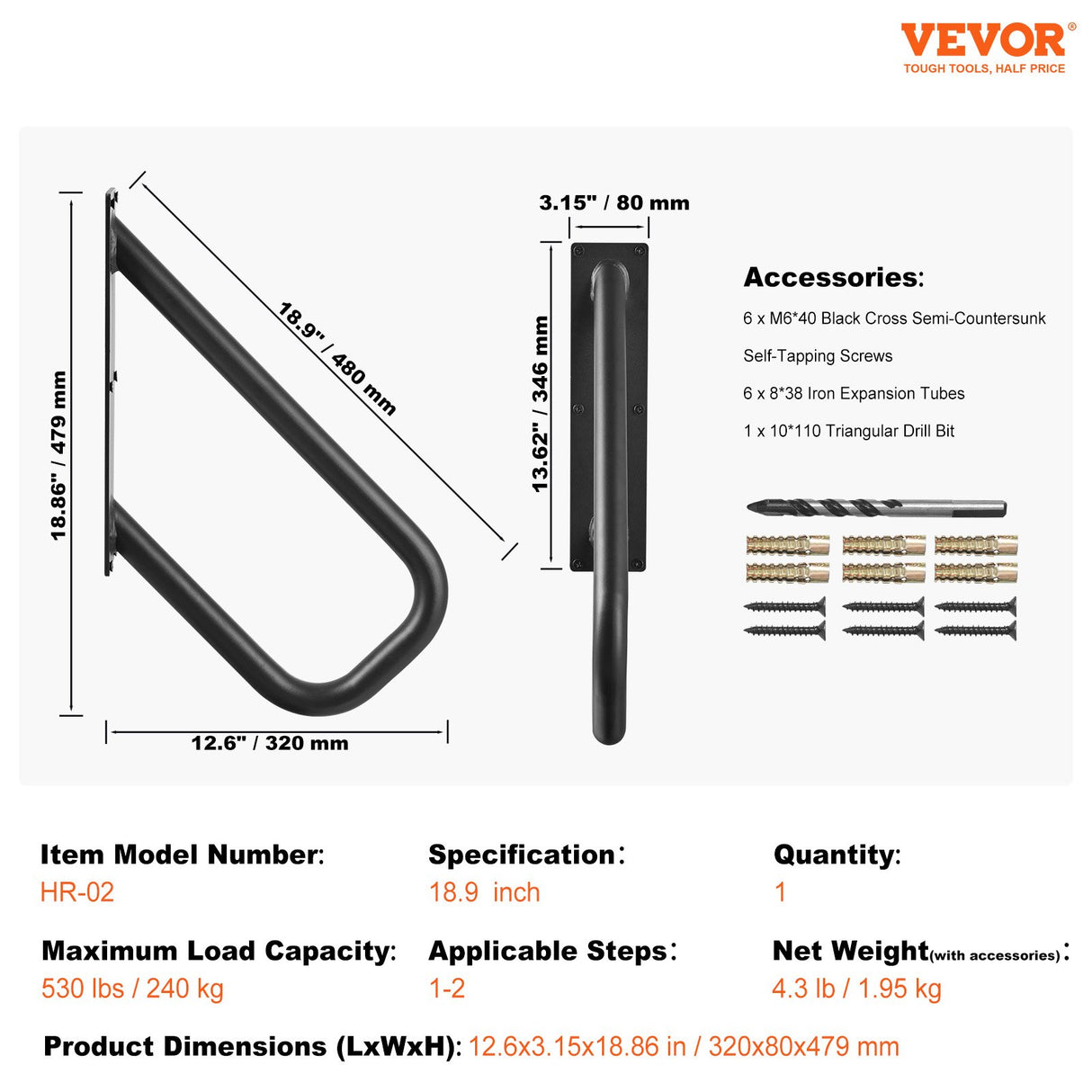 VEVOR Handrails for Outdoor Steps, 18.9" Length 1.3"Pipe Wall Mount Safety Railings for 1-2 Steps, Stair Handrail with Matte Black Finished,for Garden,Yard and Garage & Elderly,Pregnant Women, Disable