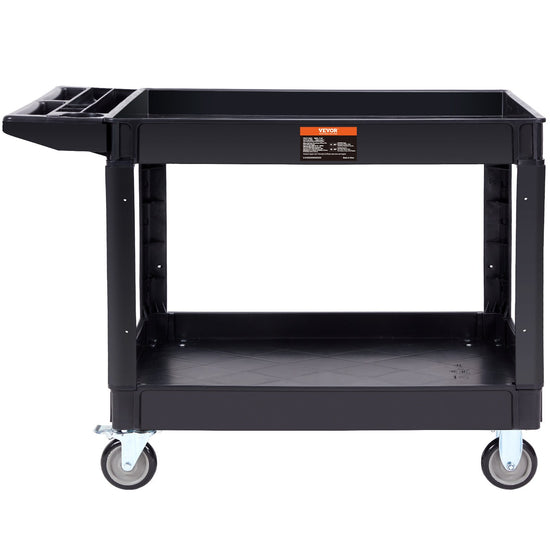 VEVOR Utility Service Cart, 2 Shelf 550LBS Heavy Duty Plastic Rolling Utility Cart with 360? Swivel Wheels (2 with Brakes), Large Lipped Shelf, Ergonomic Storage Handle for Warehouse/Garage/Cleaning