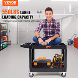 VEVOR Utility Service Cart 2 Shelf 550LBS Heavy Duty Plastic Rolling Utility Cart with 360° Swivel Wheels (2 with Brakes) Large Lipped Shelf Ergonomic Storage Handle for Warehouse/Garage/Cleaning - Front View