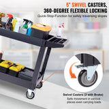 VEVOR Utility Service Cart 2 Shelf 550LBS Heavy Duty Plastic Rolling Utility Cart with 360° Swivel Wheels (2 with Brakes) Large Lipped Shelf Ergonomic Storage Handle for Warehouse/Garage/Cleaning - Side View