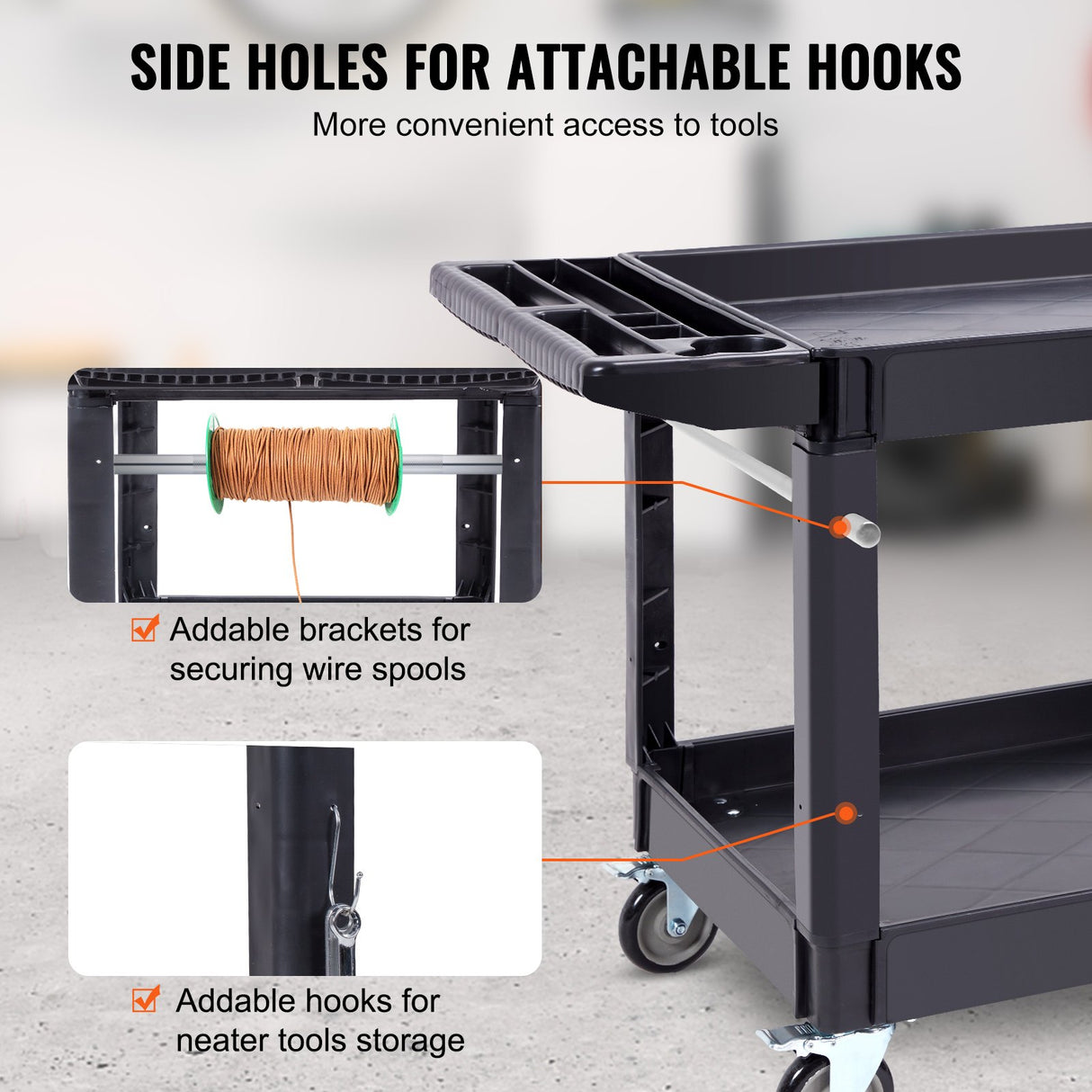 VEVOR Utility Service Cart 2 Shelf 550LBS Heavy Duty Plastic Rolling Utility Cart with 360° Swivel Wheels (2 with Brakes) Large Lipped Shelf Ergonomic Storage Handle for Warehouse/Garage/Cleaning